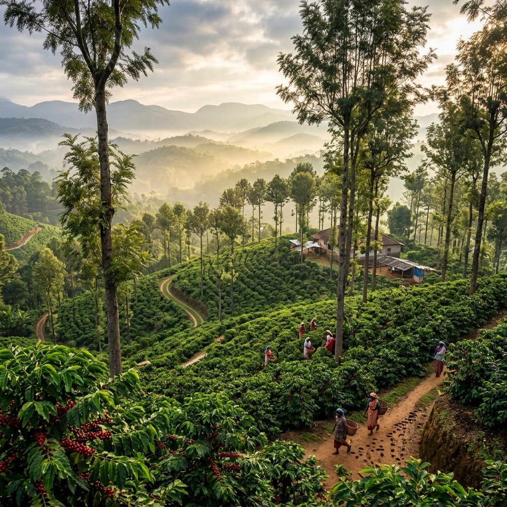 Coorg coffee estate in the Western Ghats of Karnataka with mist-covered hills