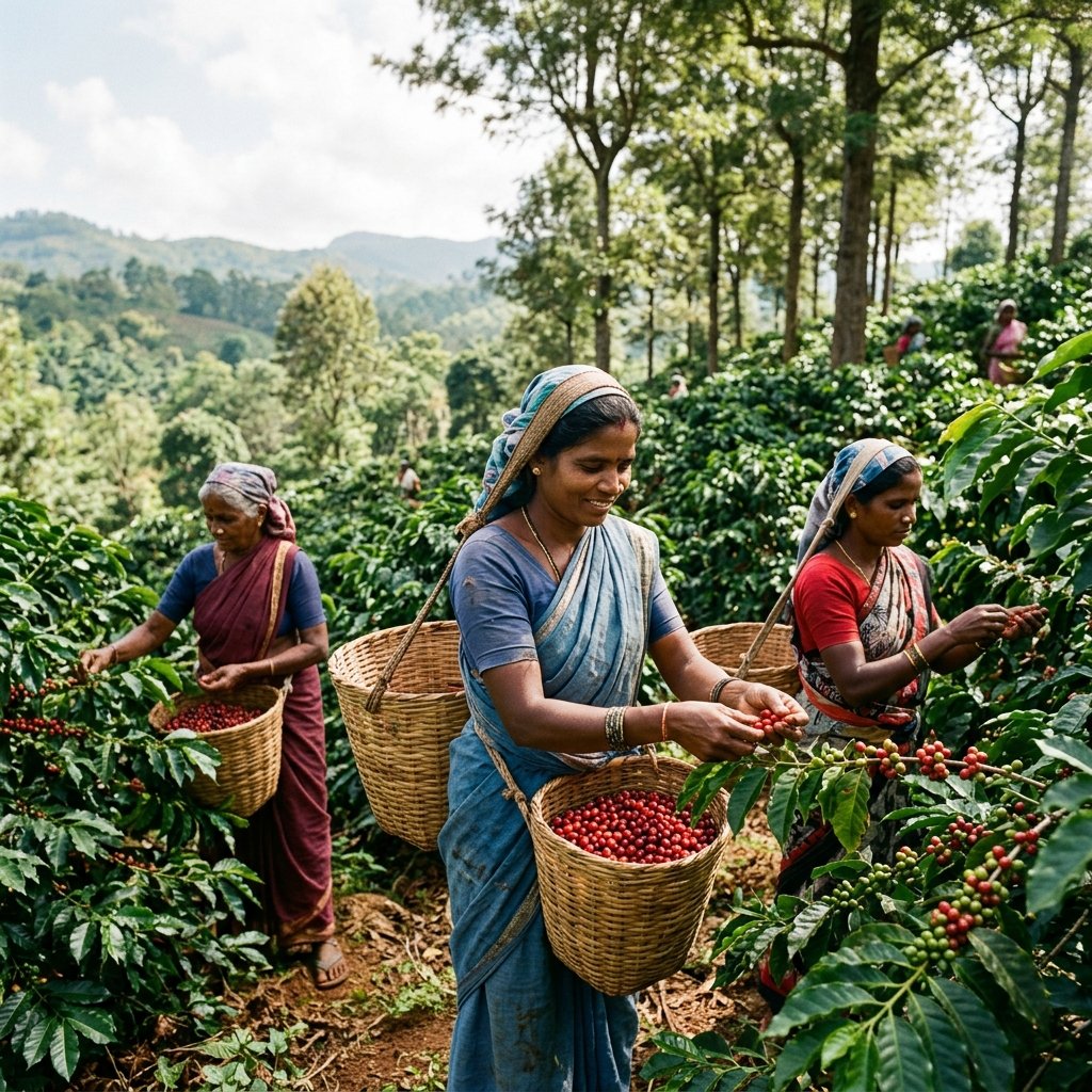 Hassan district coffee harvest in Karnataka, workers picking ripe cherries