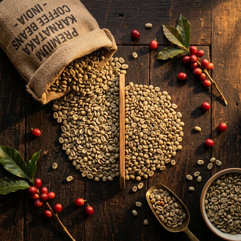 Premium Karnataka green coffee beans on dark surface with dramatic golden light